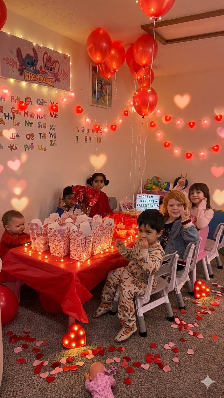 Several children at a red table with heart-themed decorations, balloons, and lights