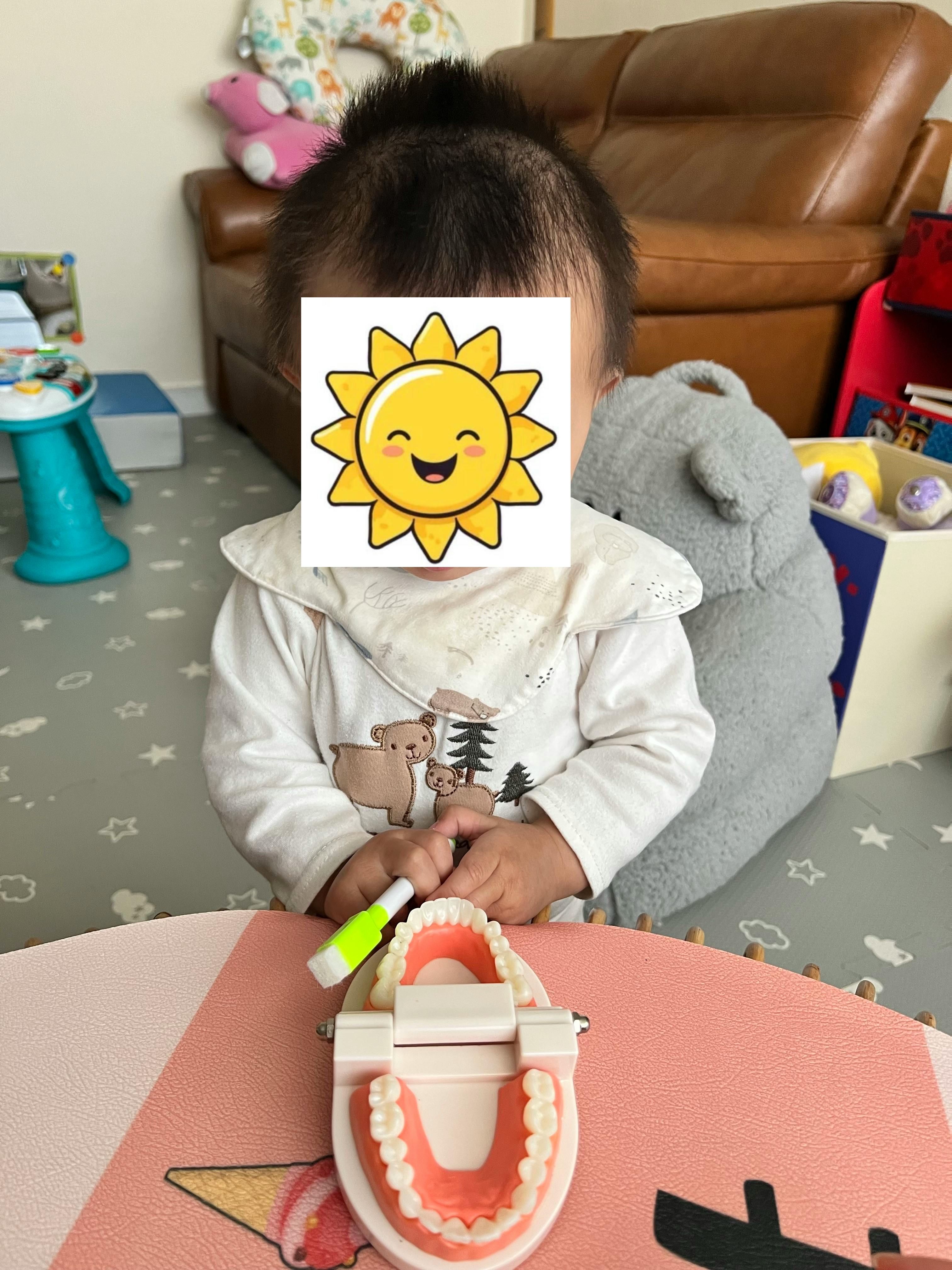 Child practicing brushing on a dental model