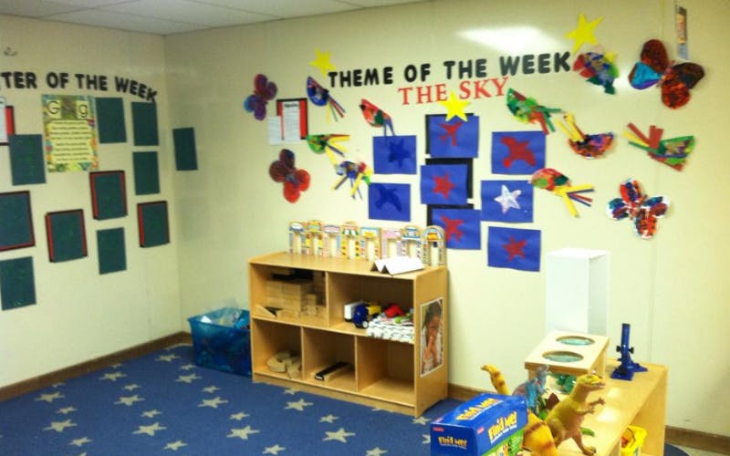 Children's classroom with a "Theme of the Week The Sky" display on the wall