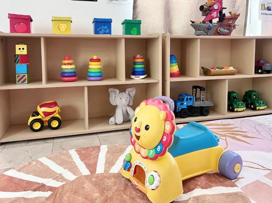 Children's toys on shelves and a lion pull toy on a rug