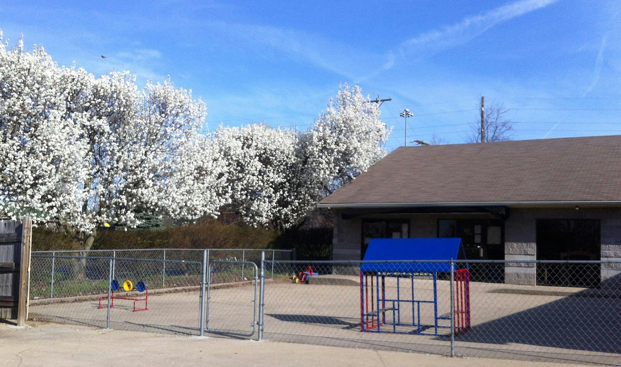 Playground with a chain link fence and a building in the background