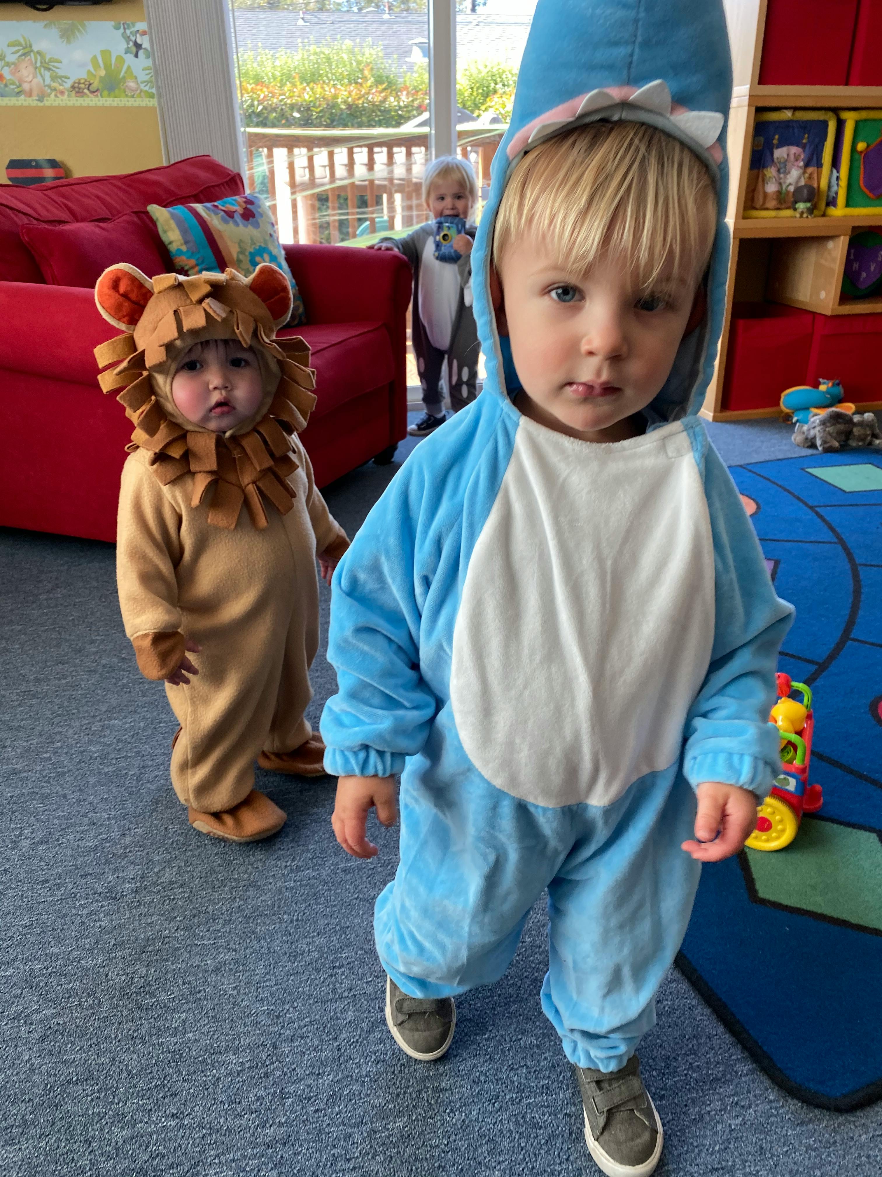 Child in a blue shark costume standing, another child in a lion costume behind