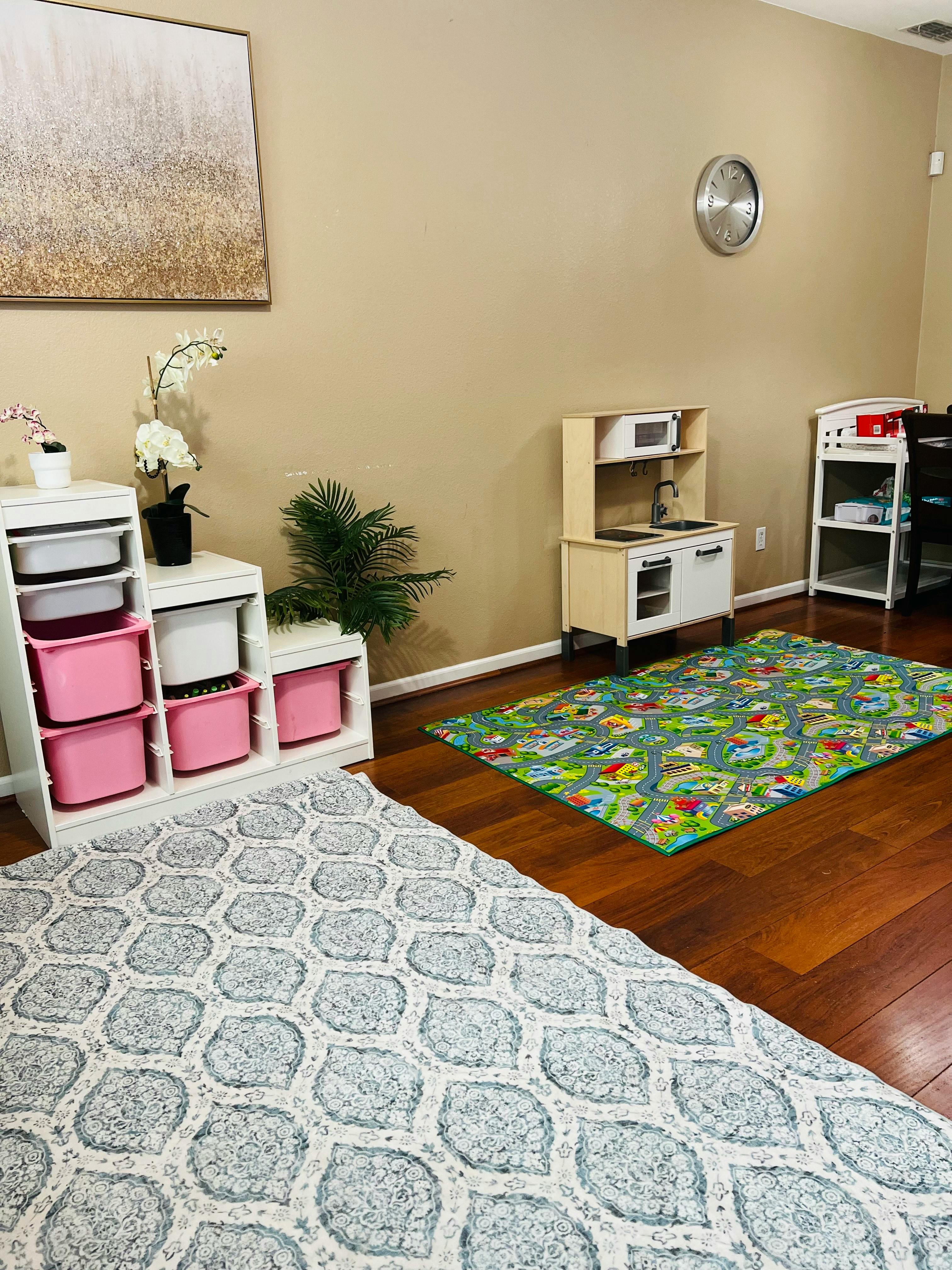Playroom with toy kitchen, storage bins, and two rugs