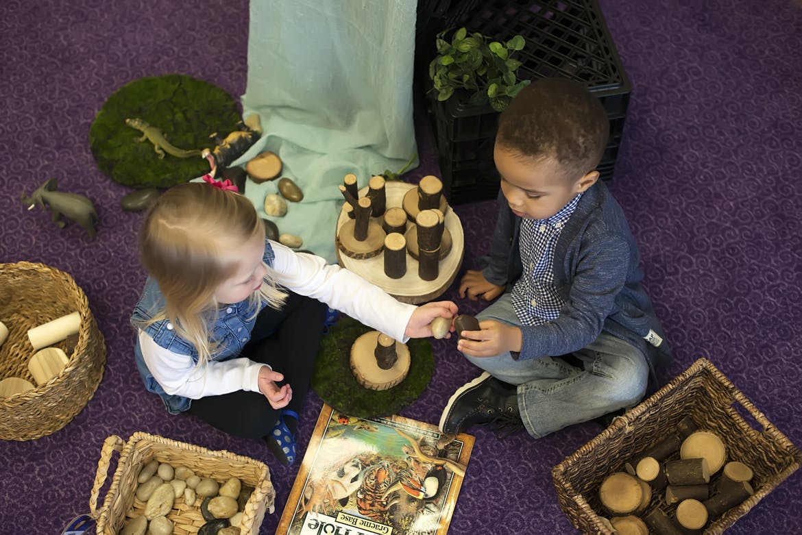 Two children playing with wooden blocks and natural materials on a purple rug