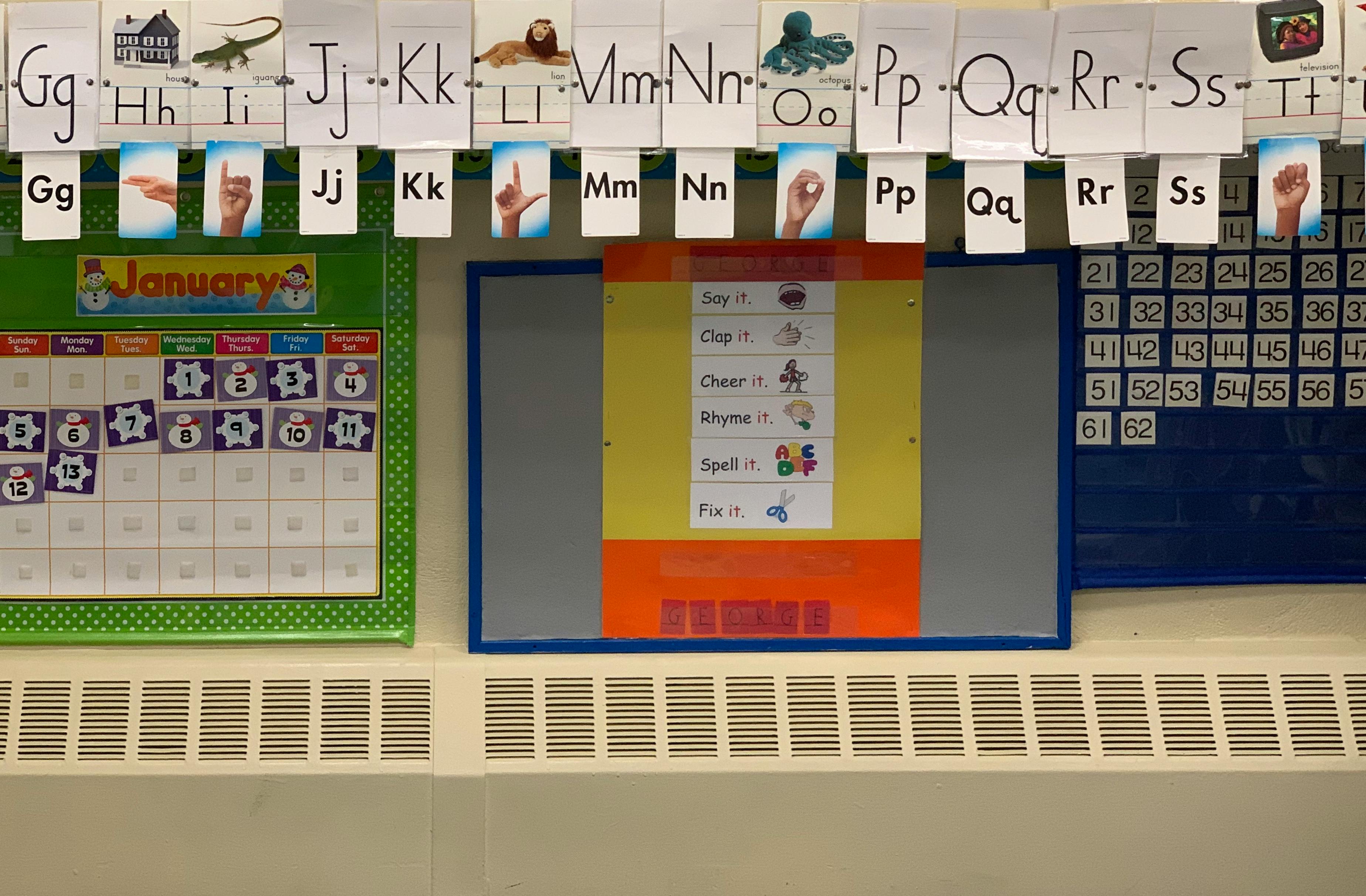 Classroom wall with alphabet cards, a calendar, and a chart