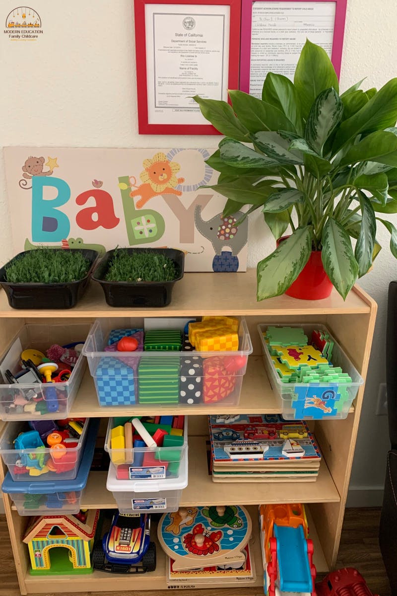 Shelves with various toys, containers, and a plant, with a "Baby" sign