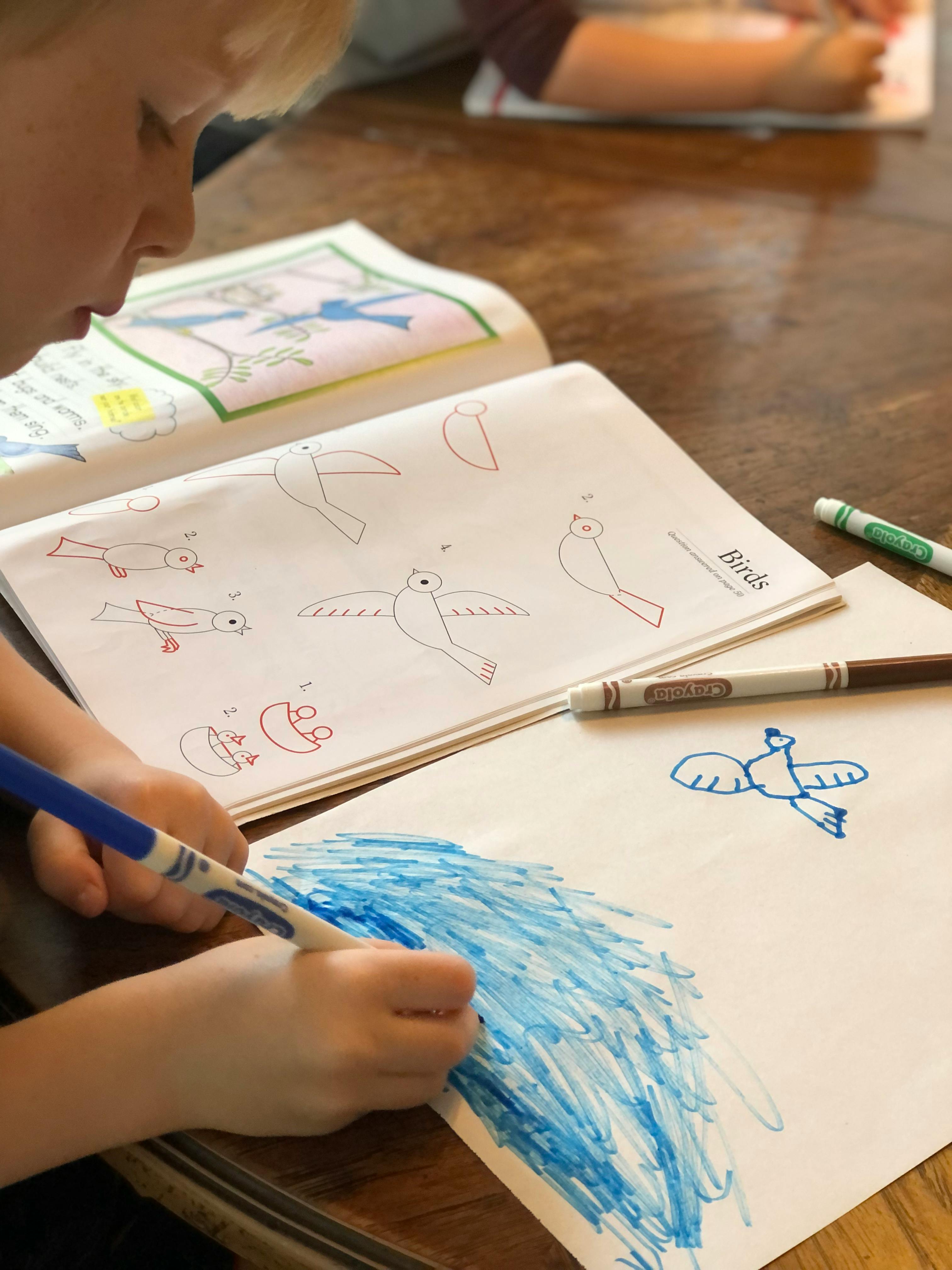Child coloring a drawing of a bird with a blue marker