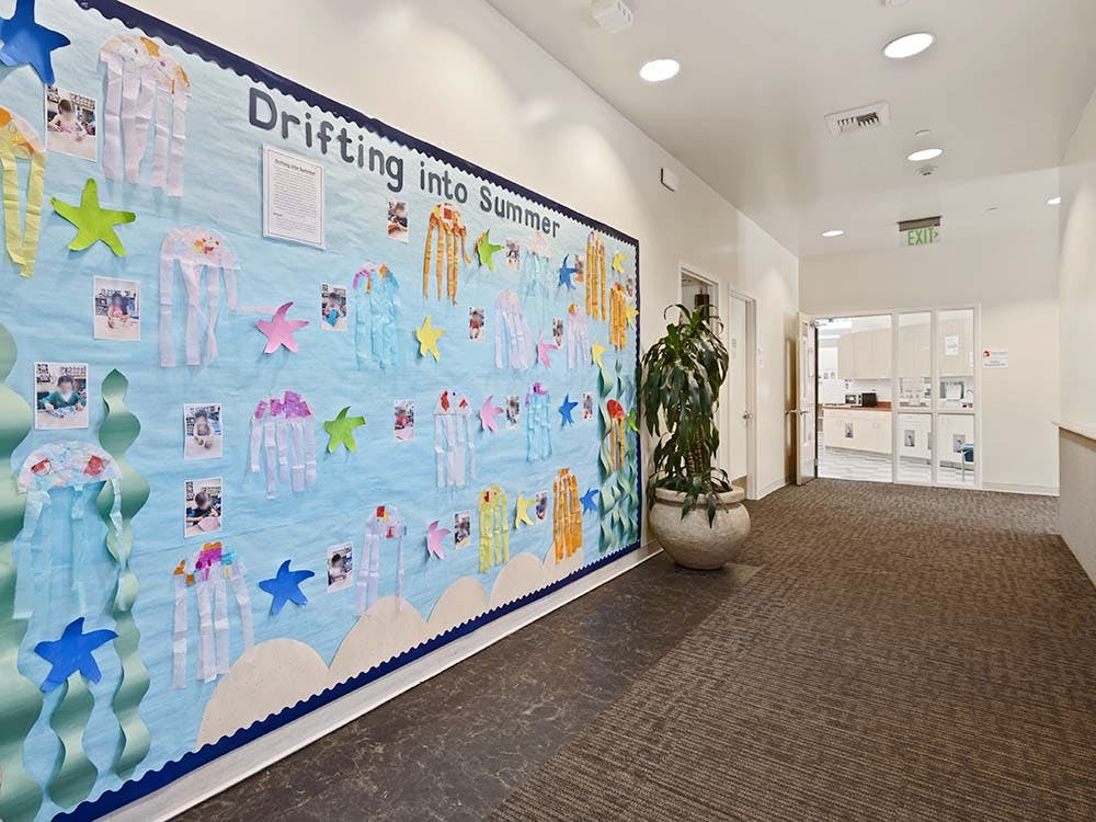 Hallway with a bulletin board decorated with paper jellyfish and starfish