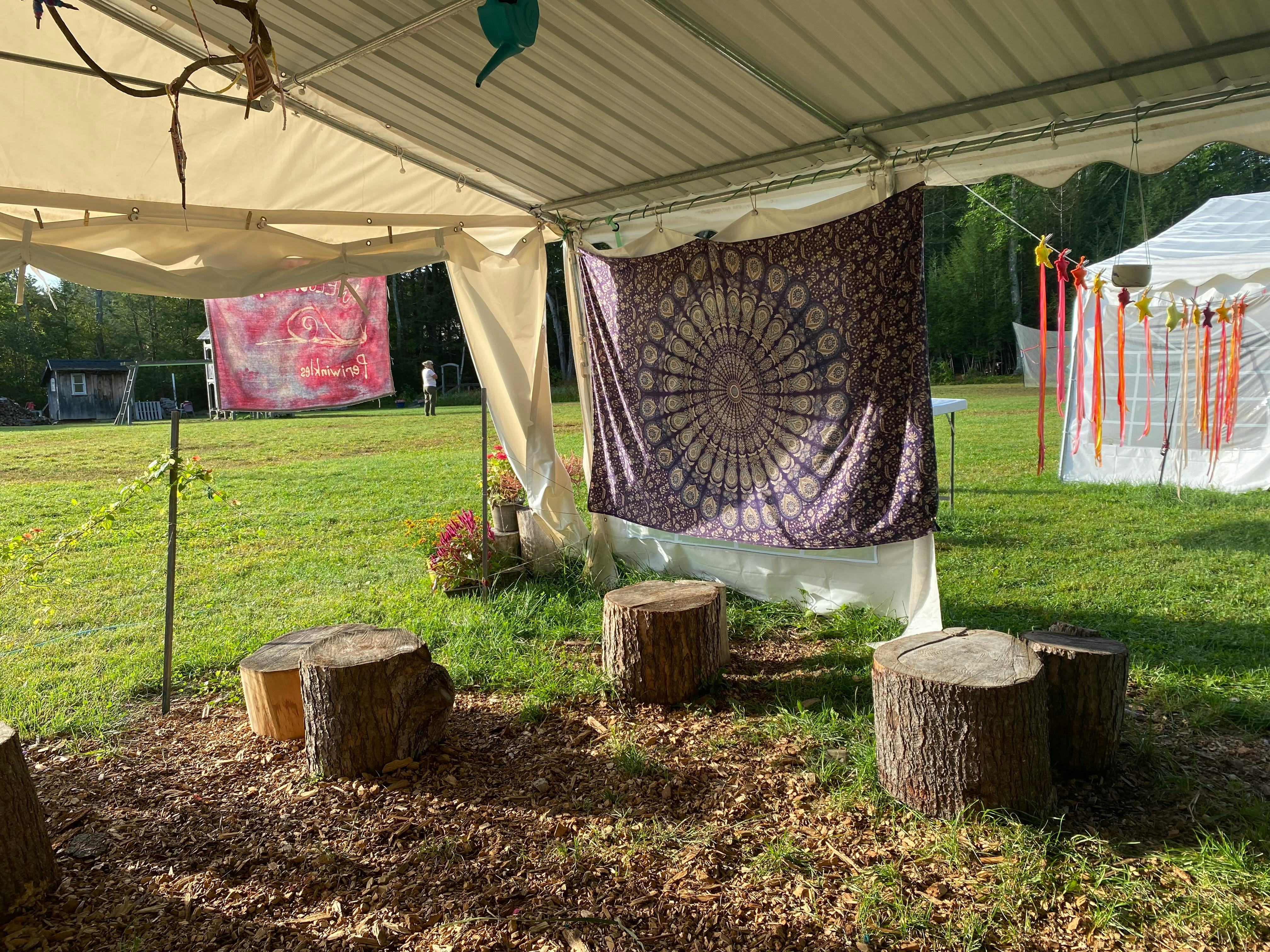 Tree stumps under a tent with tapestries hanging