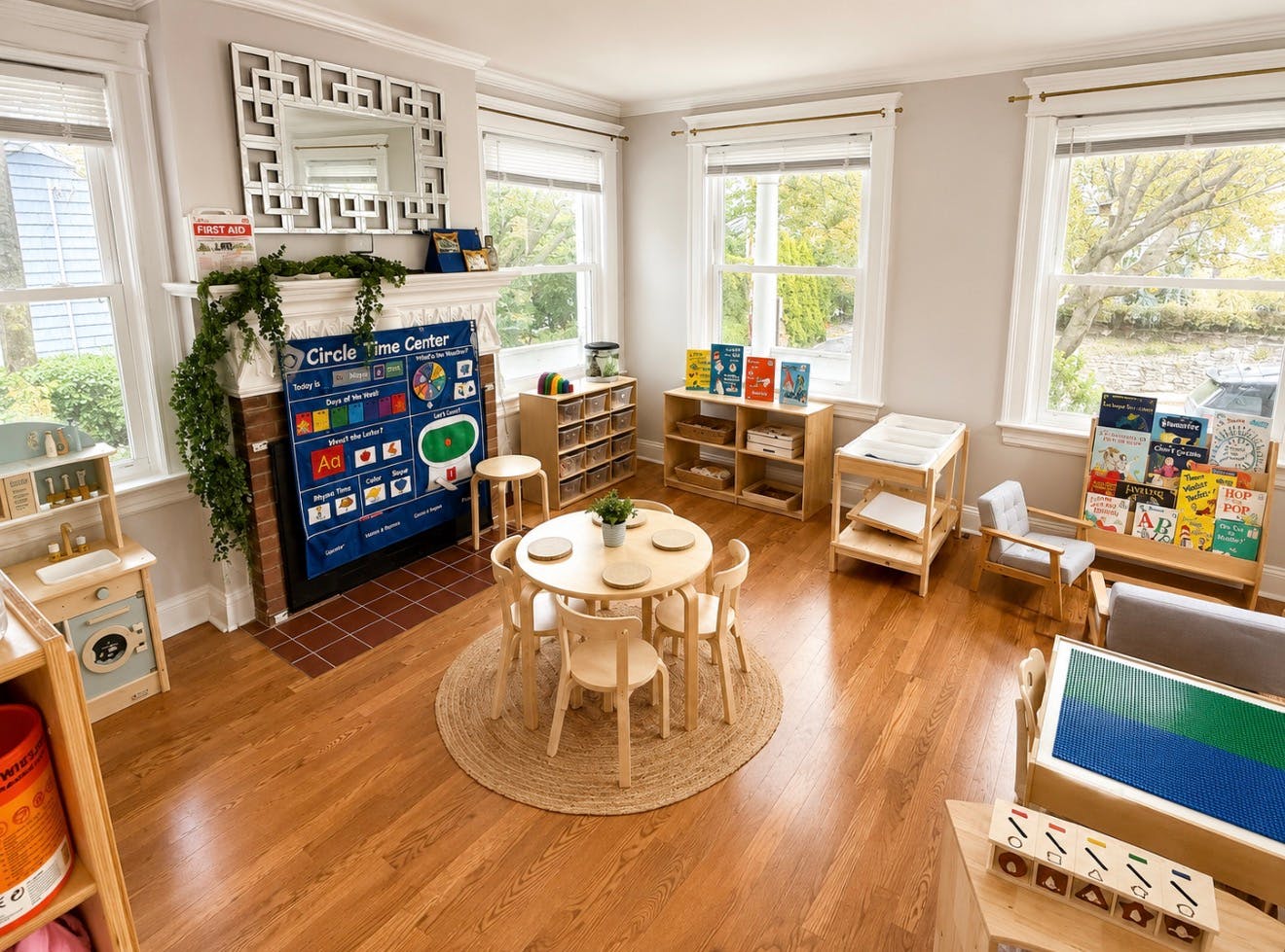Classroom or playroom interior with a table, chairs, and learning materials
