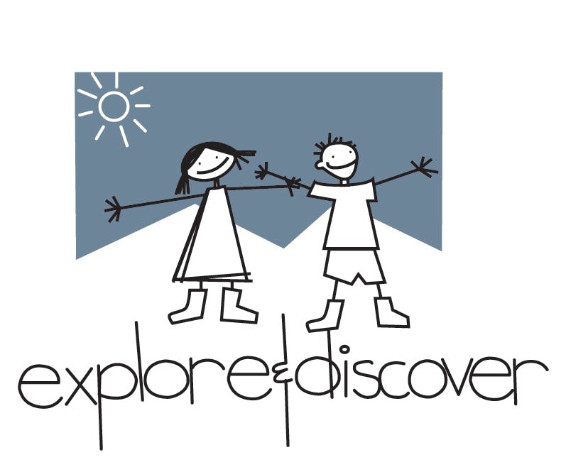 Two stick figure children with text "explore & discover"