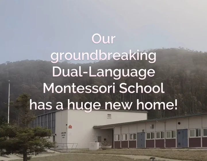 School building with text overlay: Our groundbreaking Dual-Language Montessori School has a huge new home!