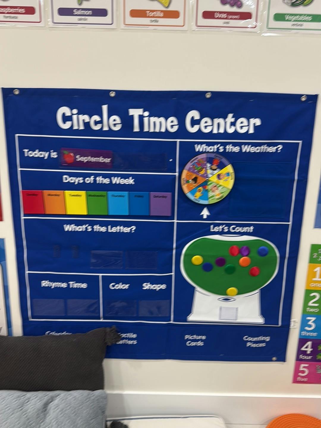Classroom calendar chart labeled Circle Time Center hanging on a wall