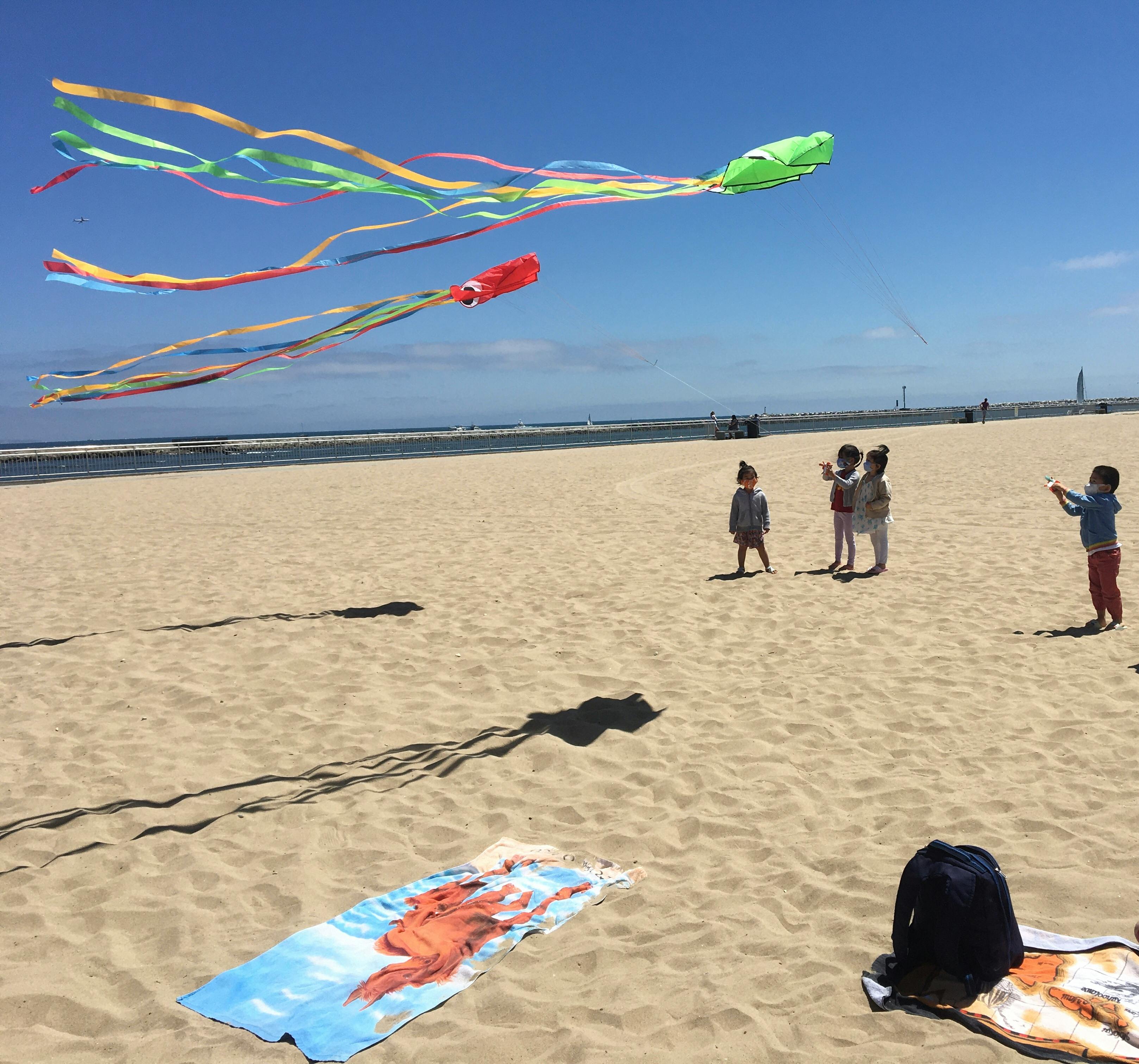 Children flying kites on a sandy beach