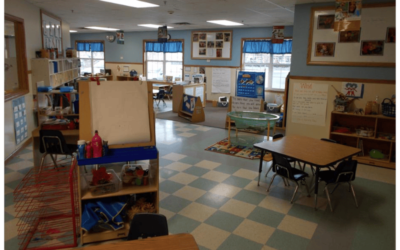 Empty classroom with activity centers and small tables