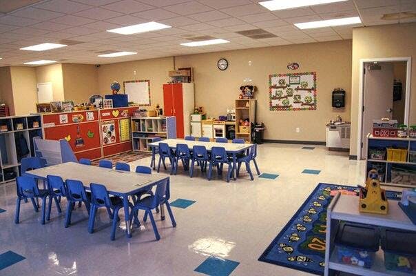 Classroom with small tables and chairs