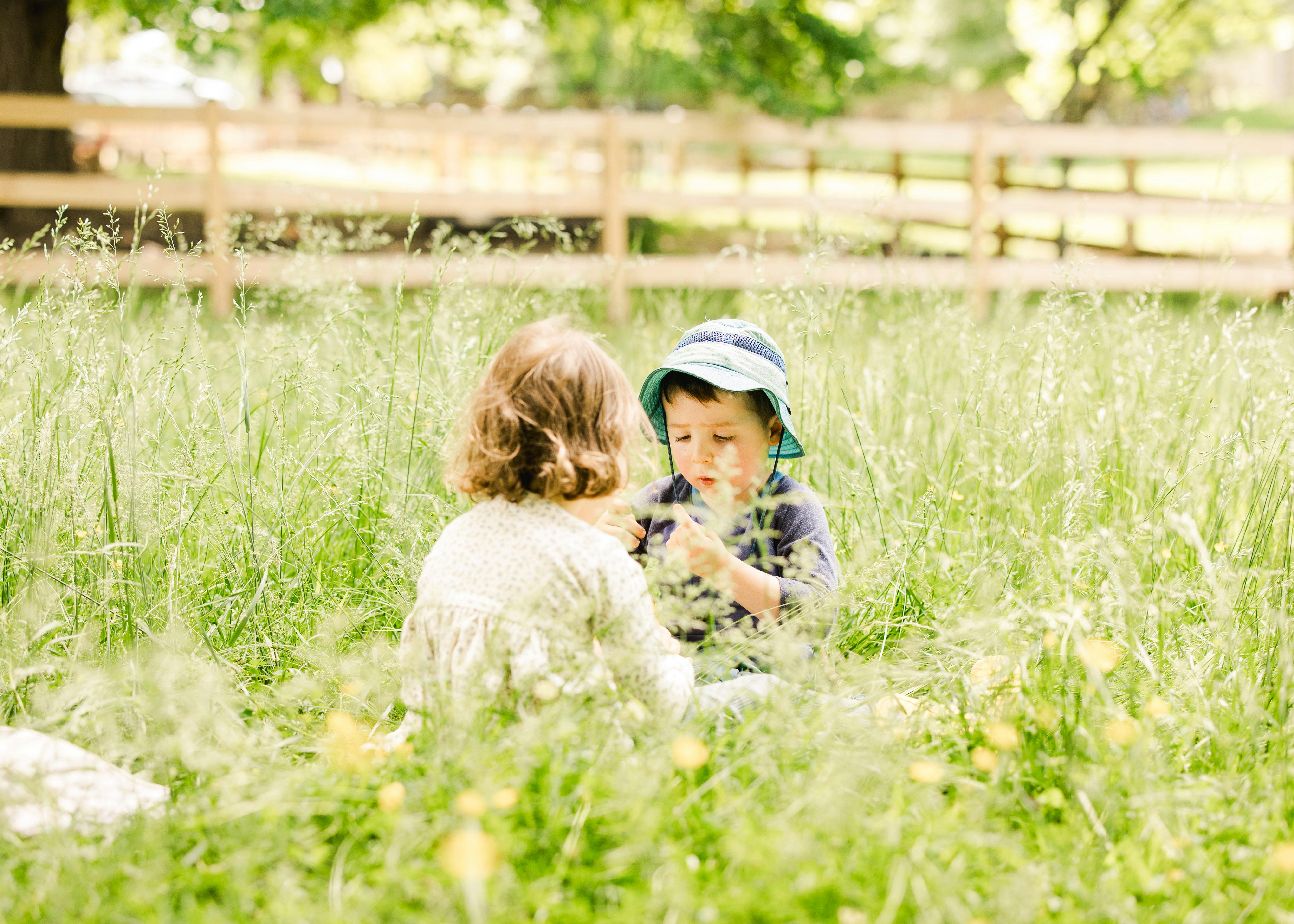 Two young children sitting in tall green grass outdoors