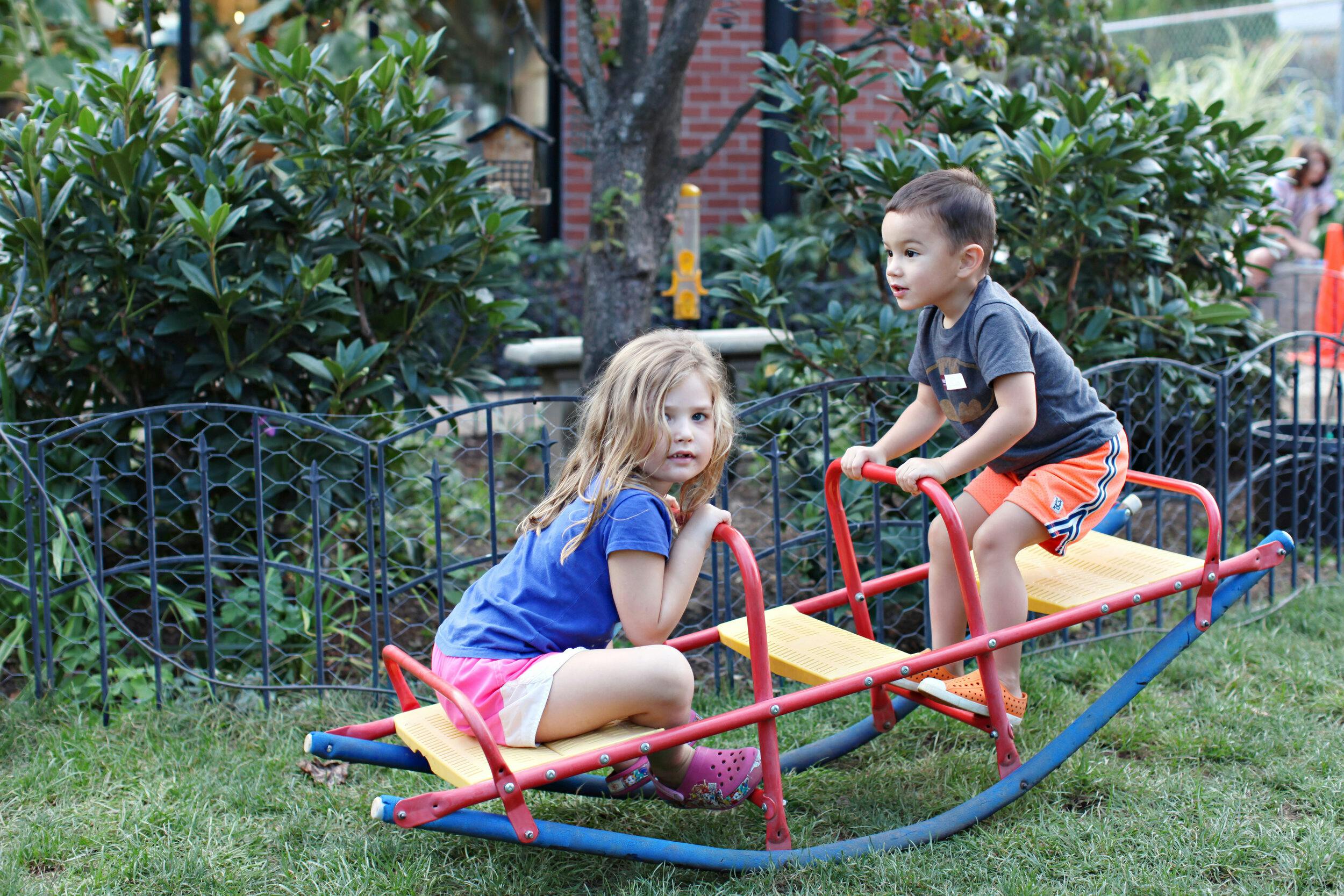 Two children on a seesaw in a grassy area