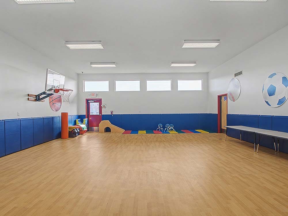 An empty indoor recreation room with hardwood floors and blue padded walls
