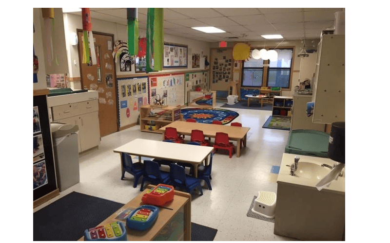 Colorful classroom with child-sized tables and chairs
