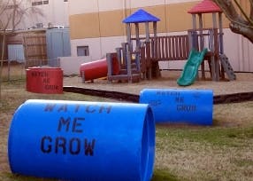 Playground with blue tunnels and a wooden structure with slides