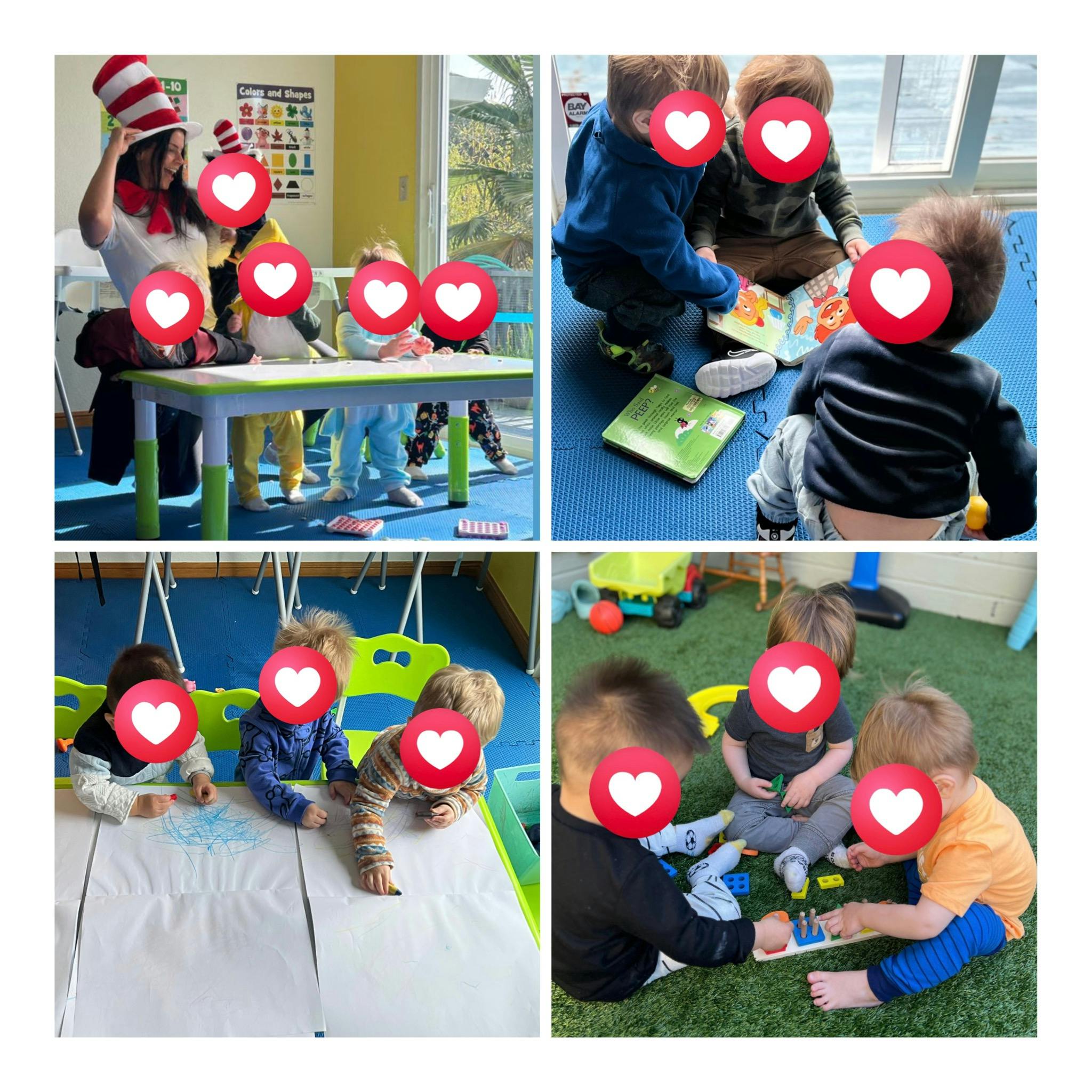 Four images of children in various activities, including reading, playing, and crafting