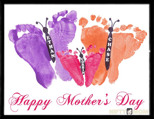 Footprints of different sizes and colors with "Happy Mother's Day" text