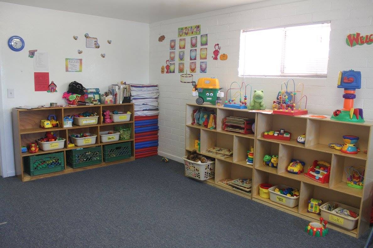 Classroom with shelves of toys and learning materials