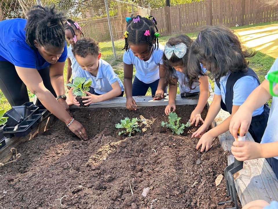 Adult and children planting in a garden bed