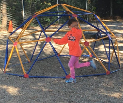 Child playing on a geodesic dome climber