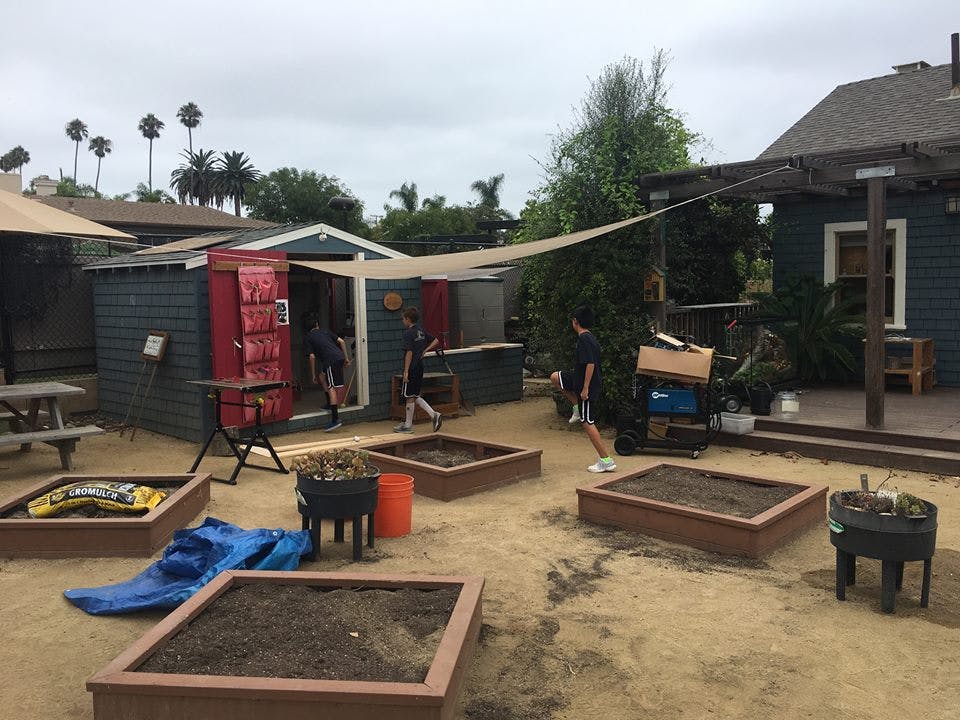 People moving around sheds and garden beds in an outdoor area