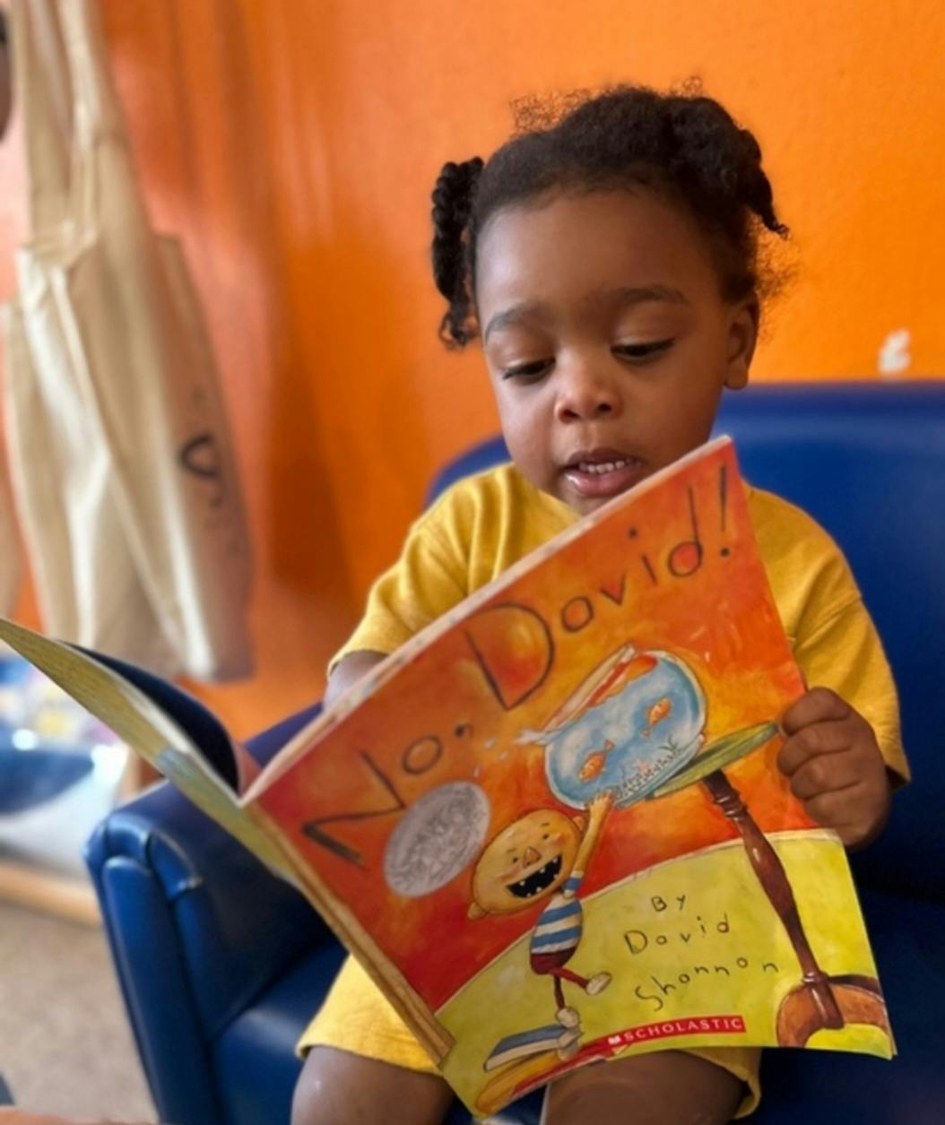 Child reading a book titled "No. David!"