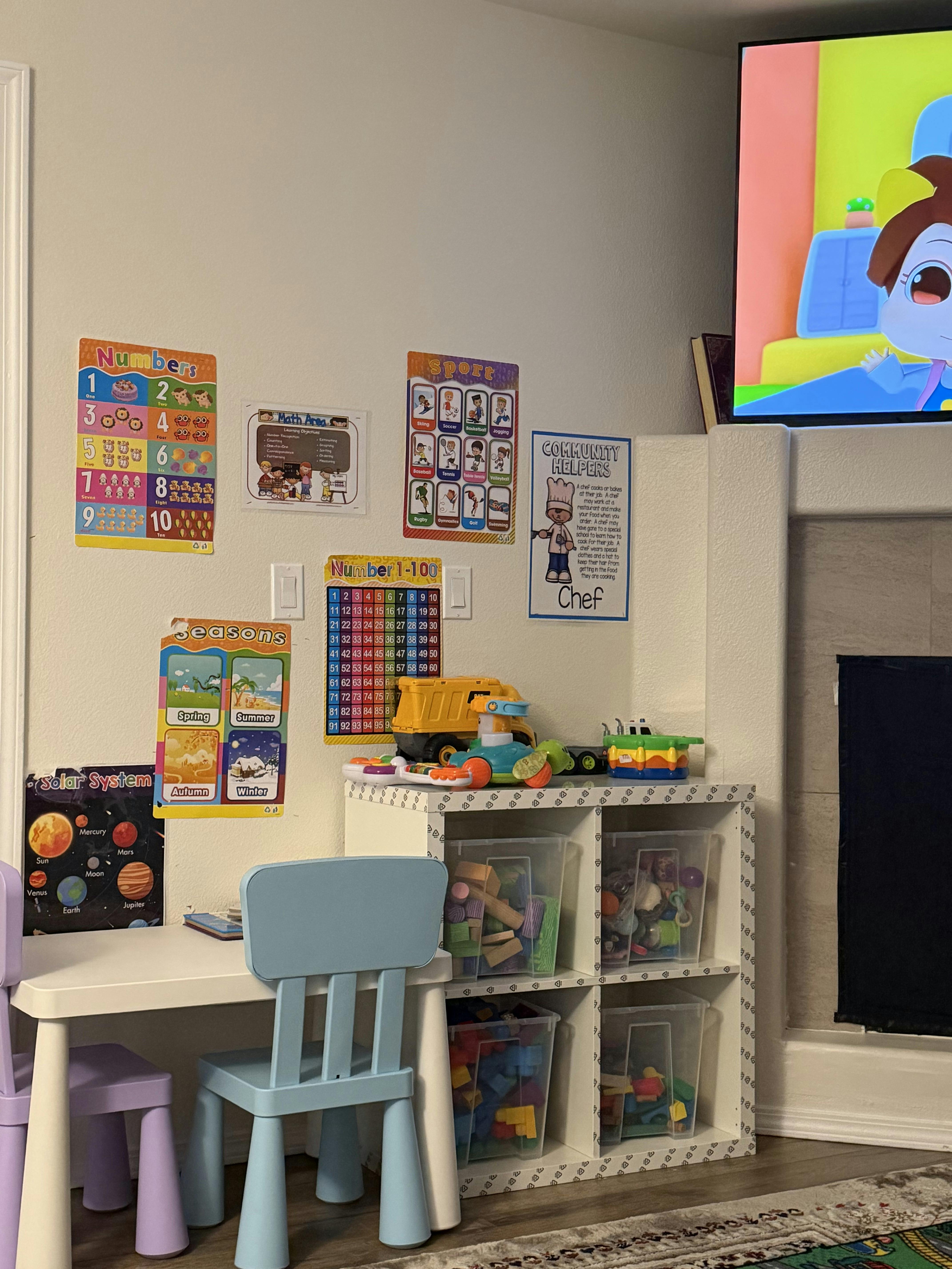 Childs play area with educational posters and toy storage unit