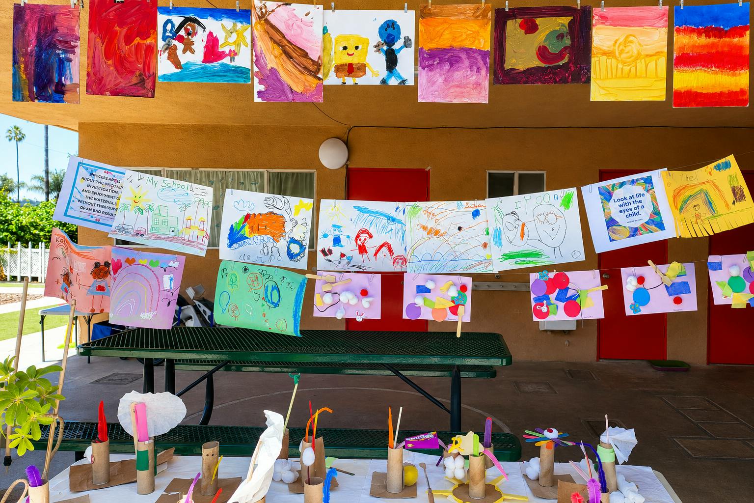 Children's artwork displayed on lines and a table
