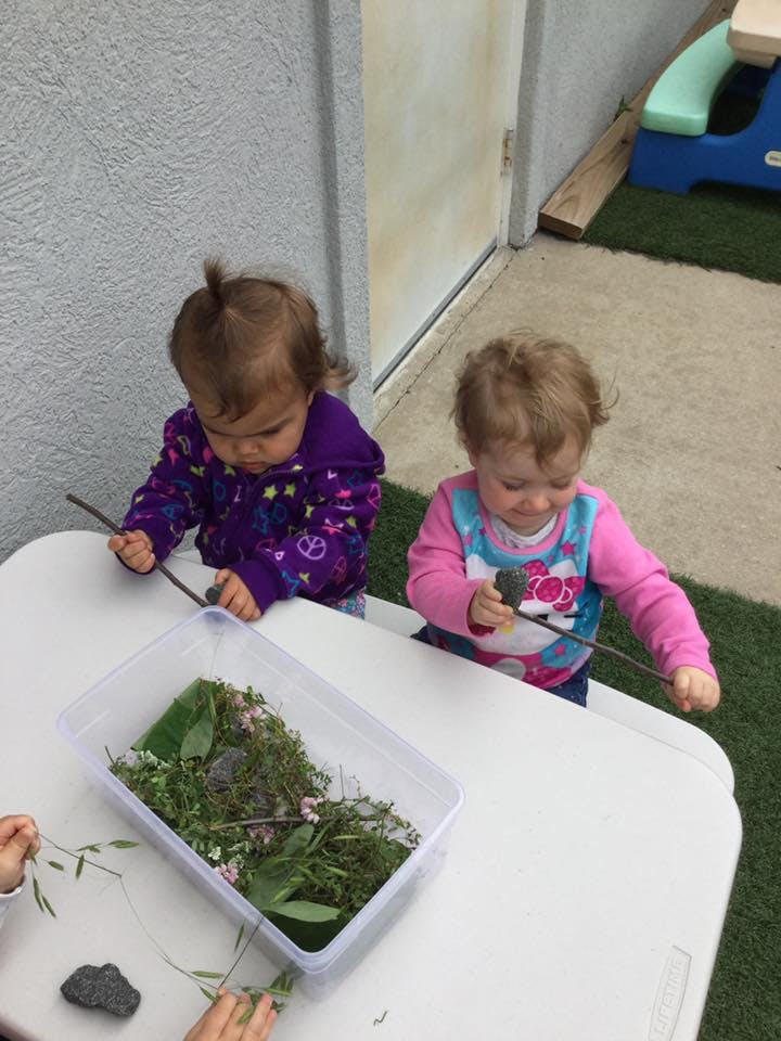 Two children playing with sticks and natural materials in a container