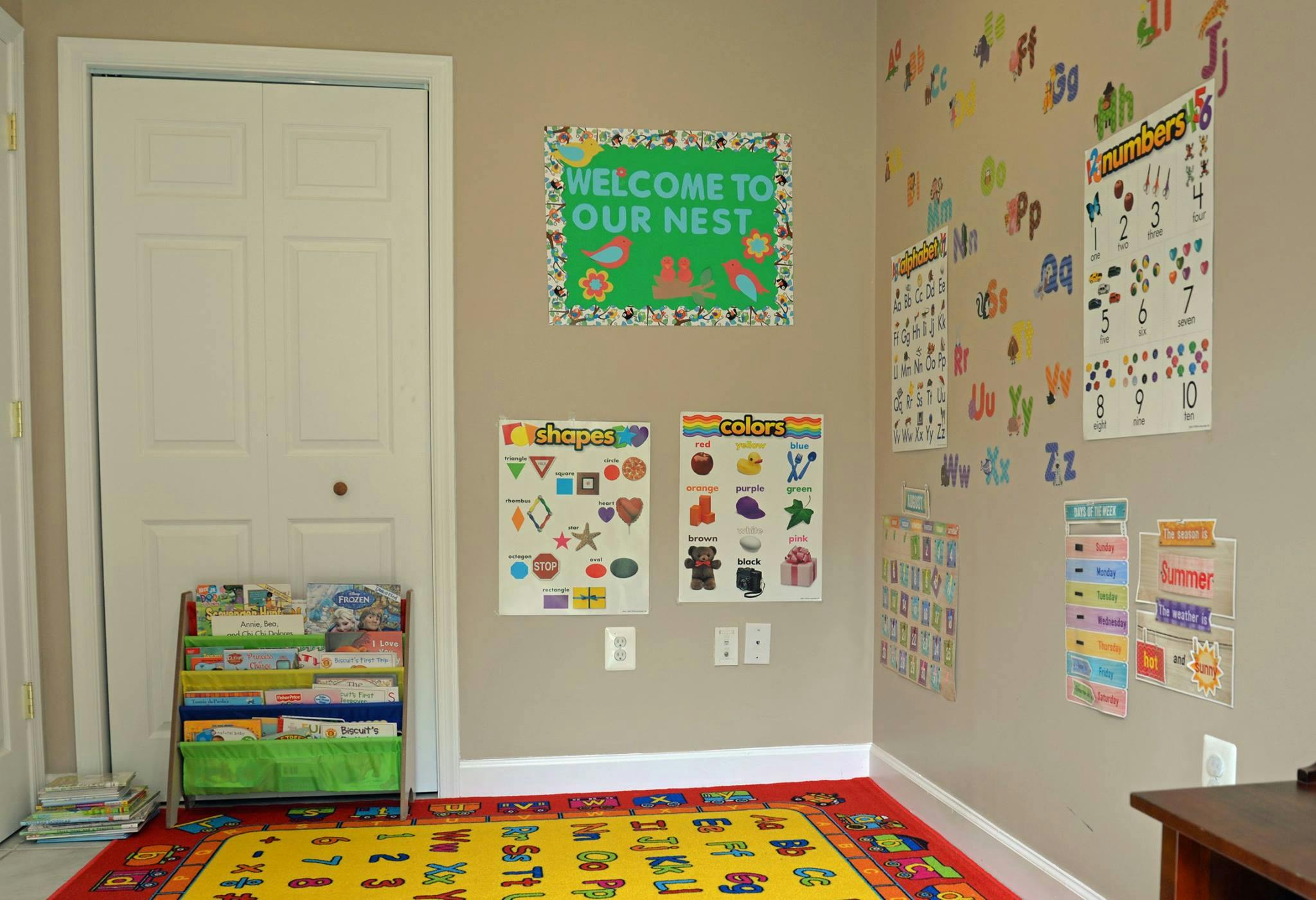Classroom wall with educational posters and a sign that reads "Welcome to Our Nest"