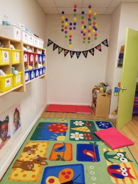 Playroom with colorful rug, storage shelves, and wall decorations