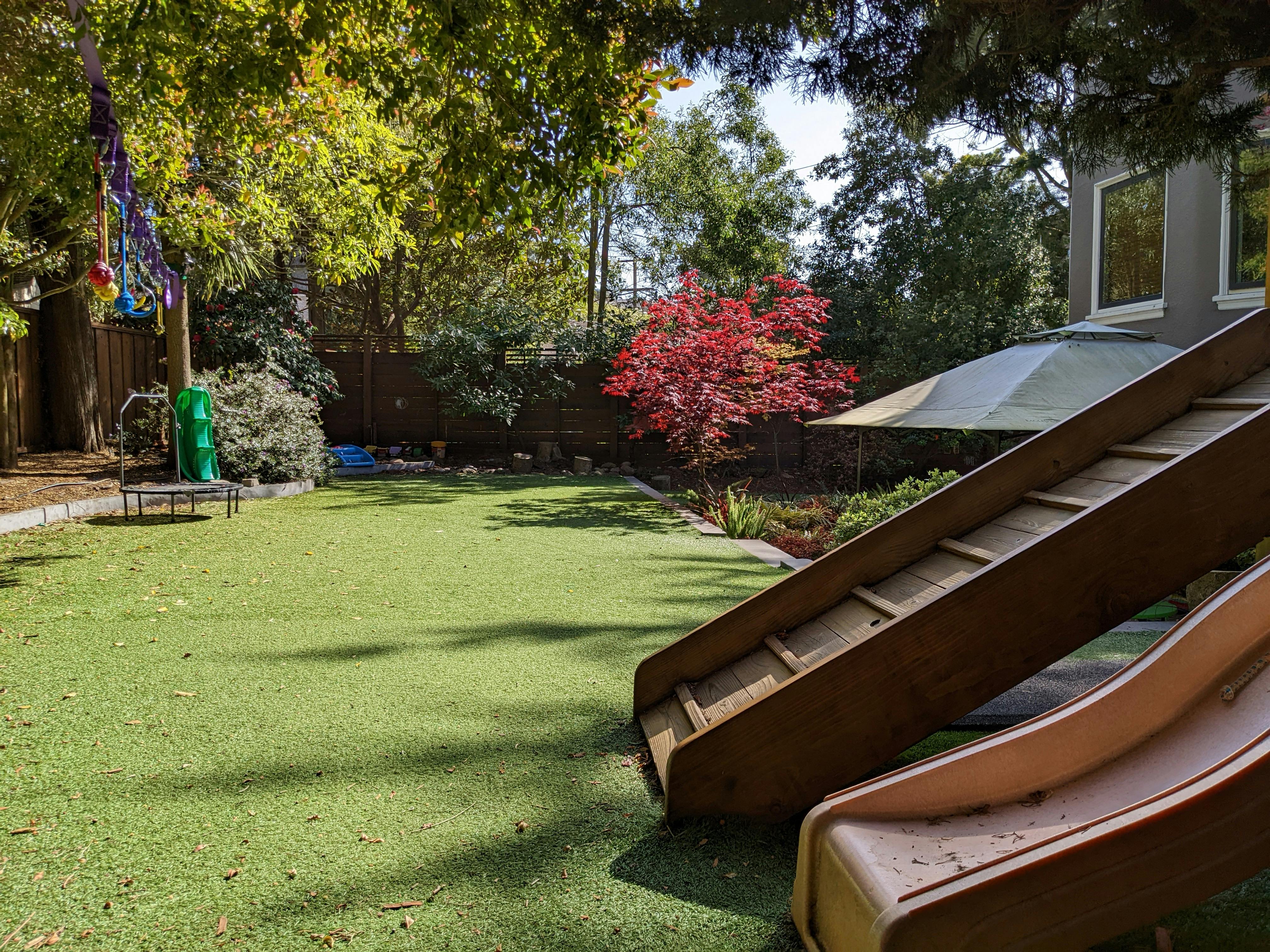 Backyard with green lawn and a wooden slide
