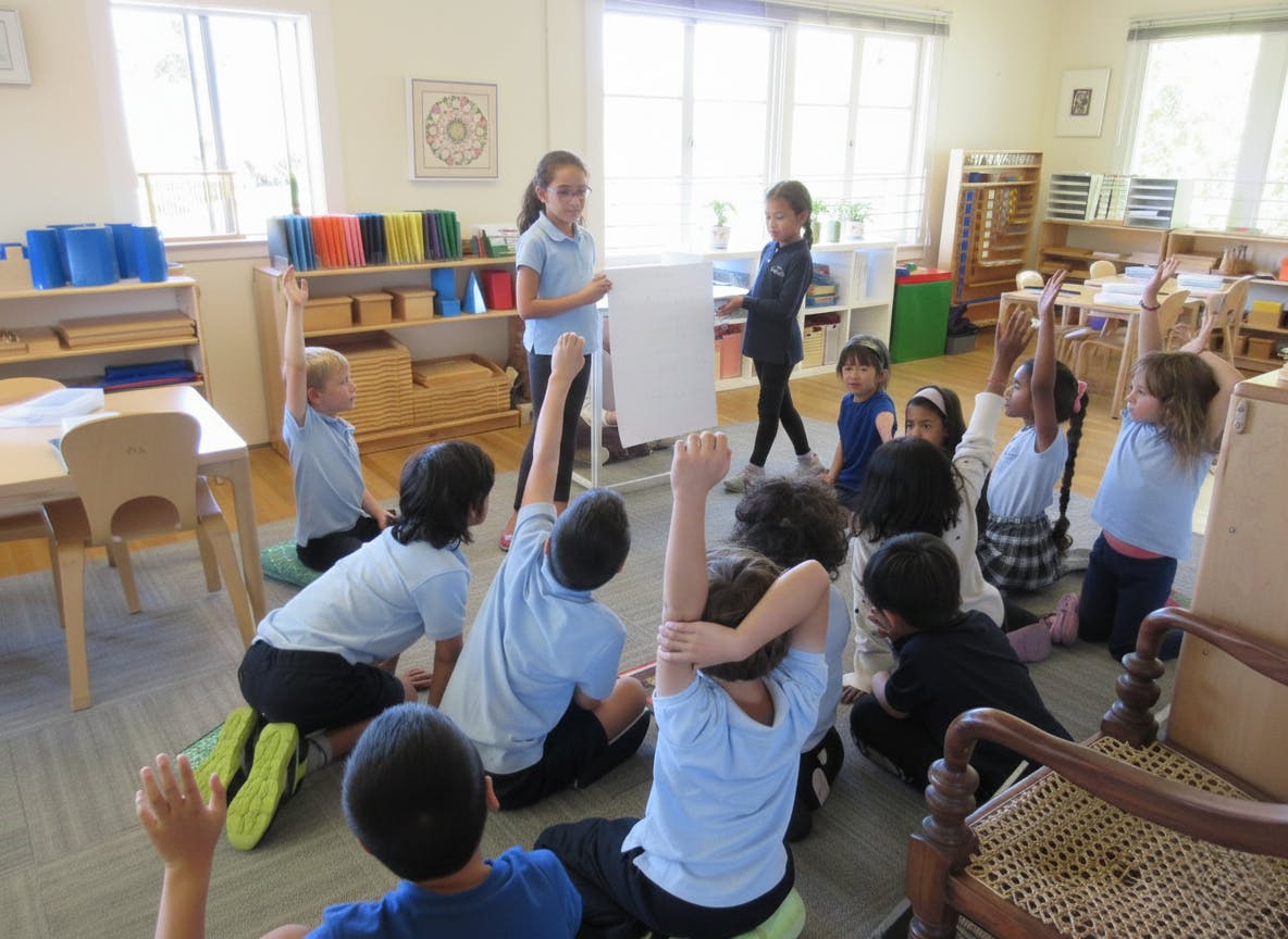 Children sitting on the floor with hands raised while two children present a poster