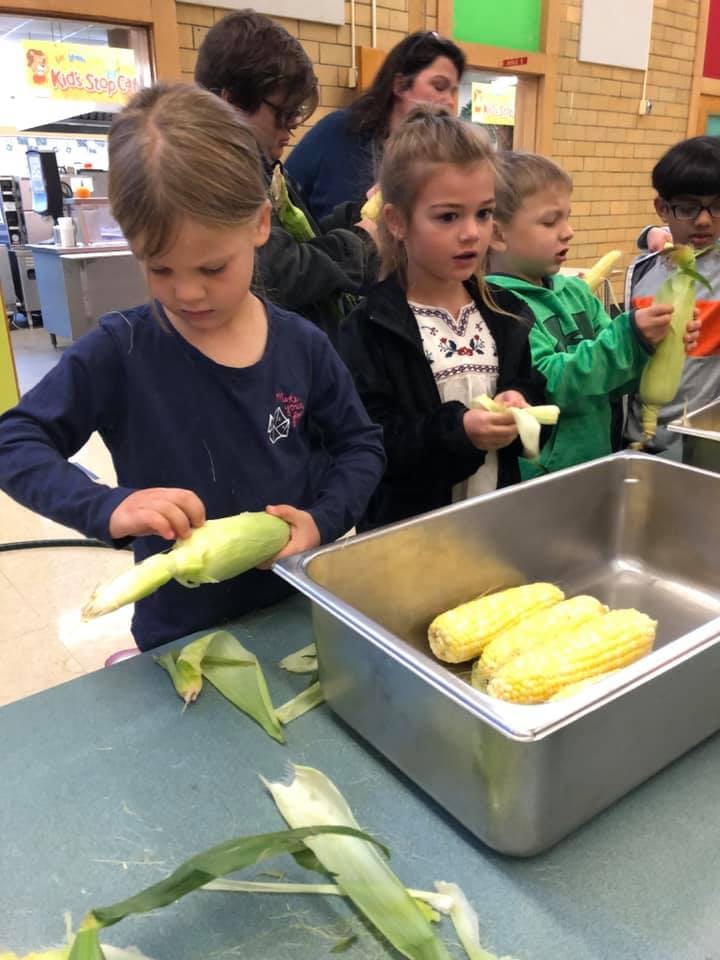 Children shucking corn in a classroom
