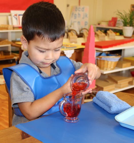Child pouring red liquid from one glass into another