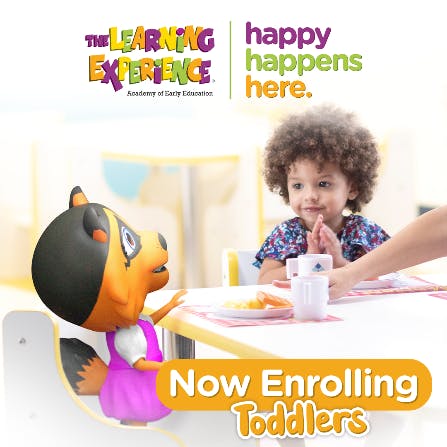 Child at table with cartoon dog character, text "Now Enrolling Toddlers"