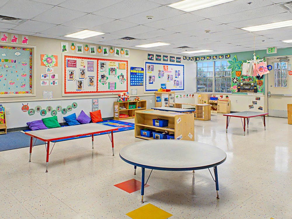 Classroom with tables, colorful rugs, and decorations on the walls