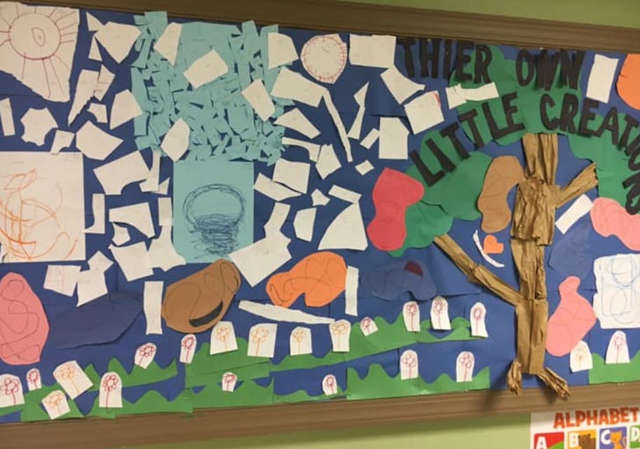 Children's artwork collage with a tree and text "their own little creations"