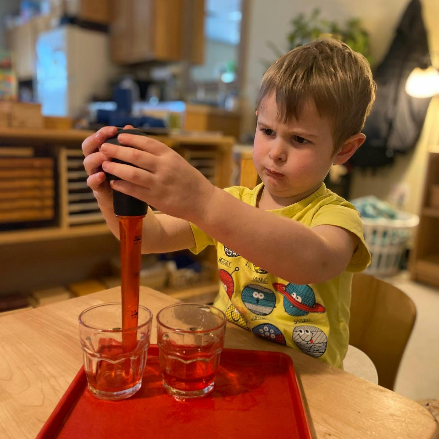 Child using a dropper to transfer liquid between glasses