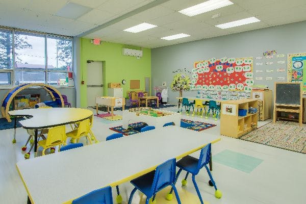 Empty classroom with small tables and chairs