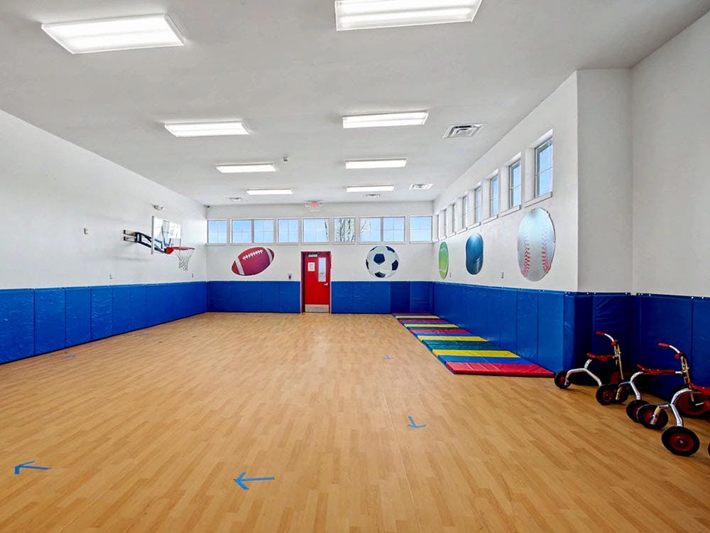 Indoor gym with a basketball hoop, mats, and sports balls painted on the wall