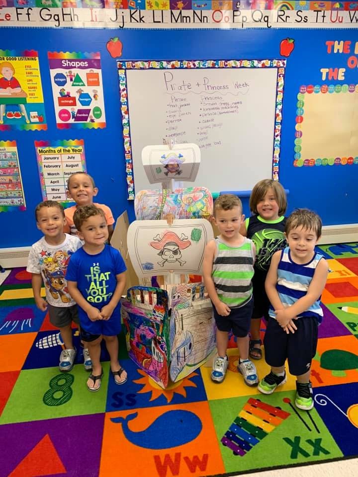 Six children standing around a pirate ship craft in a classroom