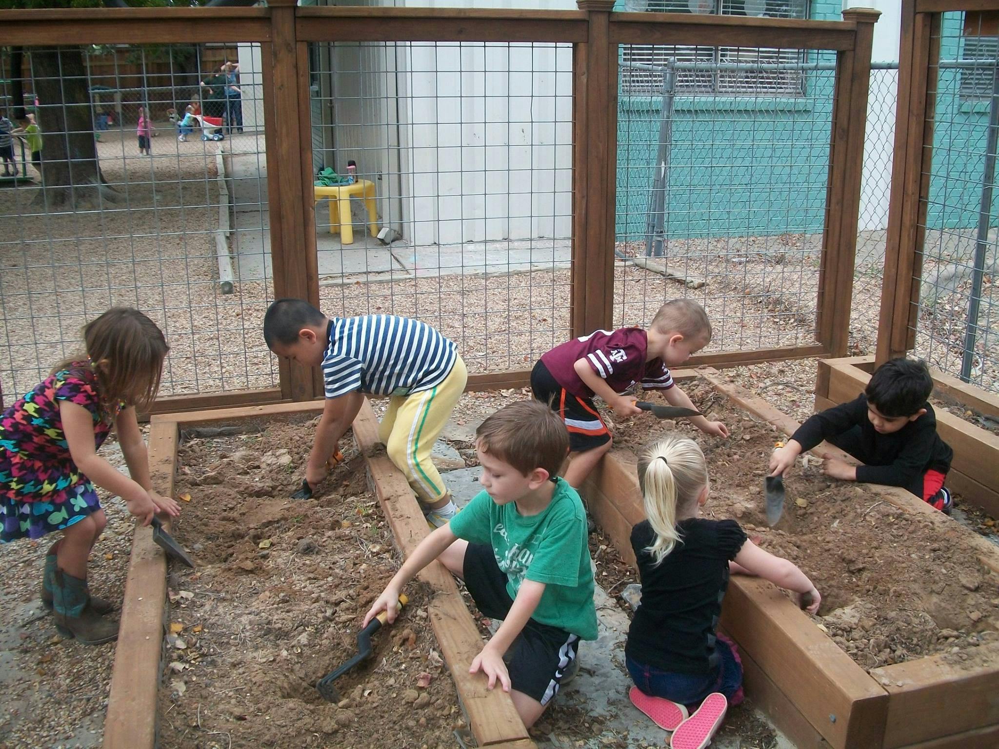 Children digging in raised garden beds with small shovels