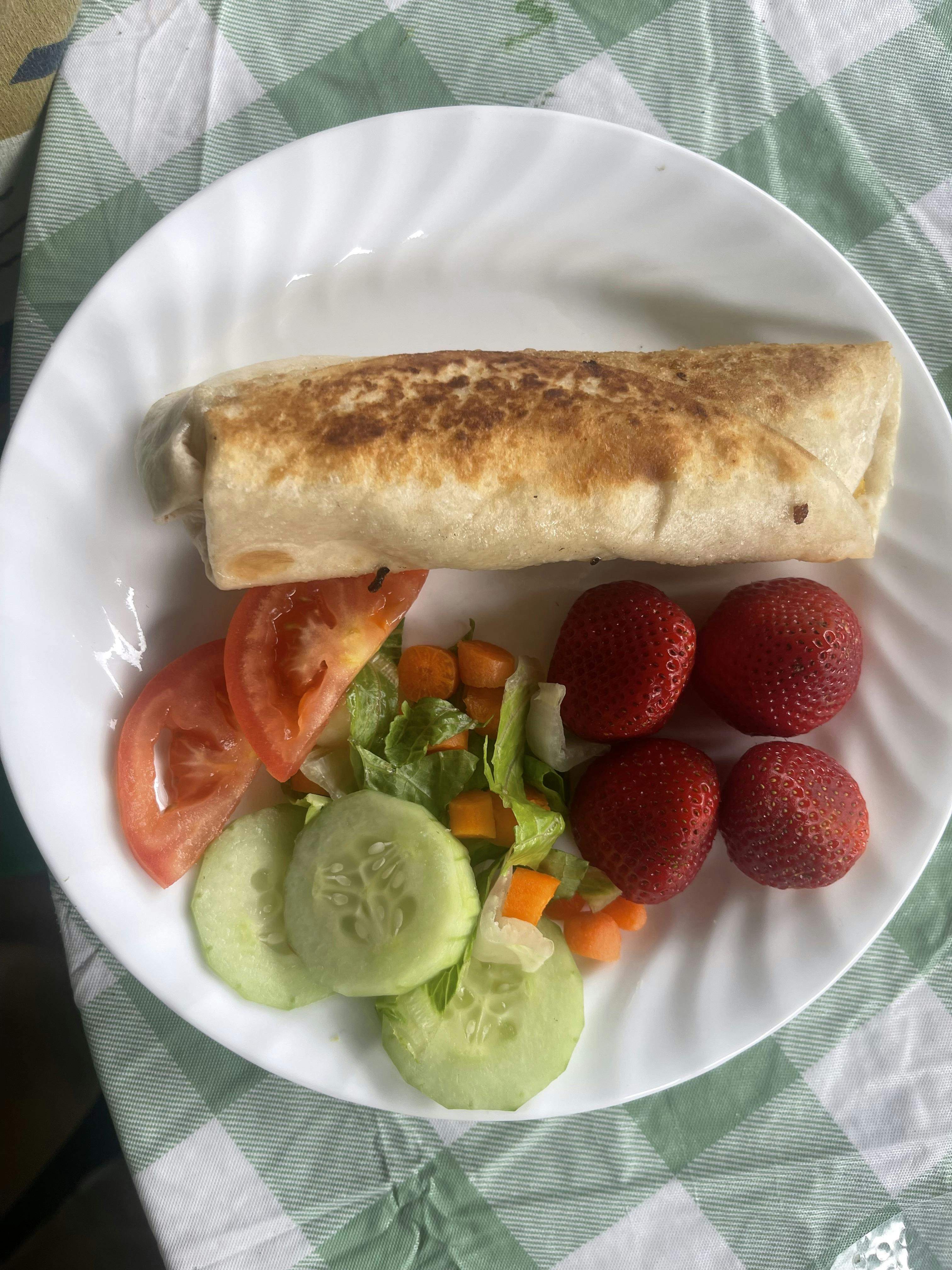 Burrito on a plate with sliced tomatoes, cucumbers, lettuce, carrots, and strawberries
